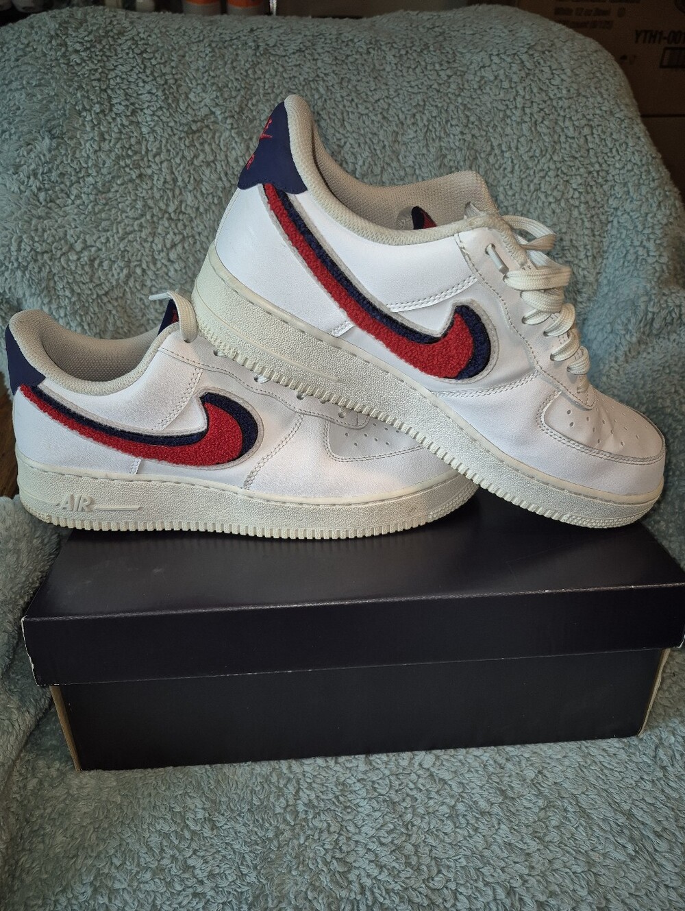 Nike Air Force 1 White Sneakers with Red/Black Chenille Swoosh